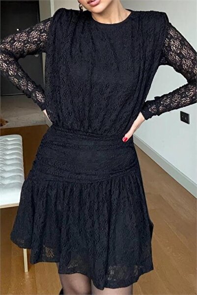 Dipmoda Rochie neagră pentru femei, din țesătură dantelă cu corsaj, cu umăr c...