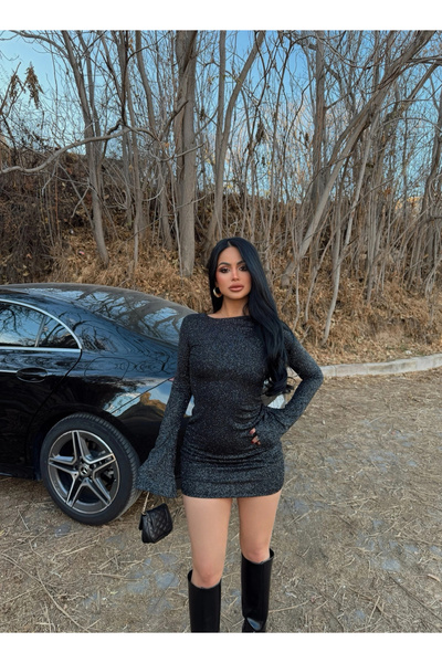 kırmızı butiks Sırt Dekolte Simli Elbise