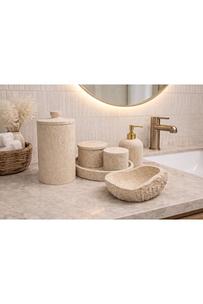 tablowall 🪨 Doğal Traverten Banyo Seti – El Yapımı 6 Parça Banyo Konsept