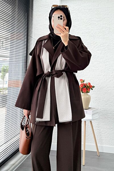 MELEK ARAZ Premium Women's Short Trench Coat with Scarf Detail – Brown