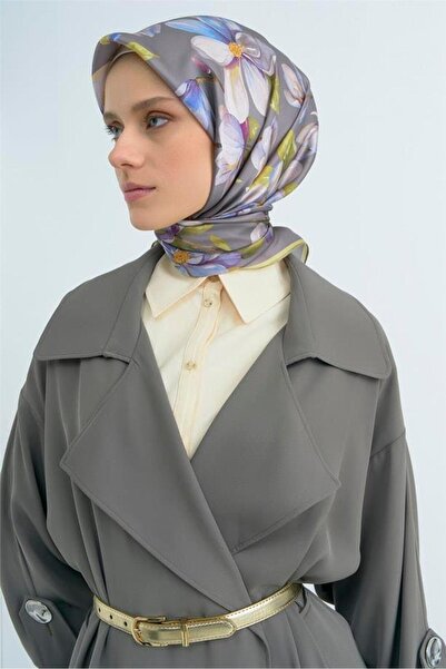 Armine Tivil Pure Silk Scarf 9524 - 33 Gray Green Floral Pattern