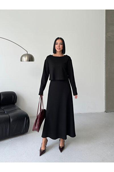 LE CARAMBOLE Women's Black Boat Neck Blouse Dress Double Set