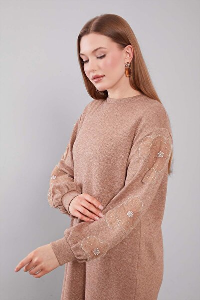 Levidor Camel sleeve floral detailed tunic