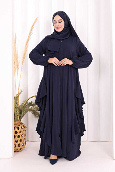 Bym Fashion Umre Yan Fırfır Detaylı Ferace ŞAL HEDİYE 7057 Lacivert