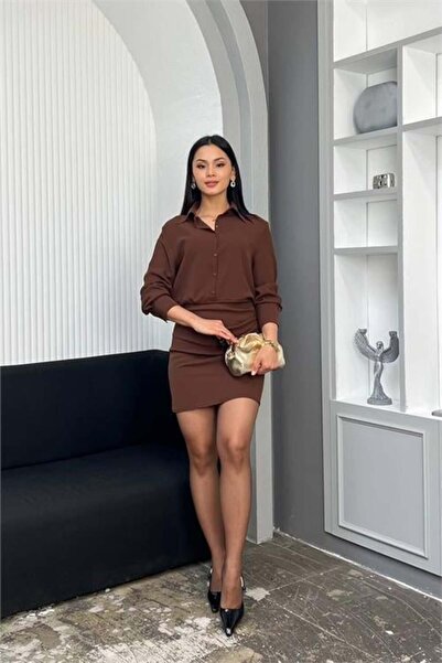 Dipmoda Γυναικείο καφέ μίνι φόρεμα με λεπτομέρεια με Γιακάς πουκαμίσου κουμπι...