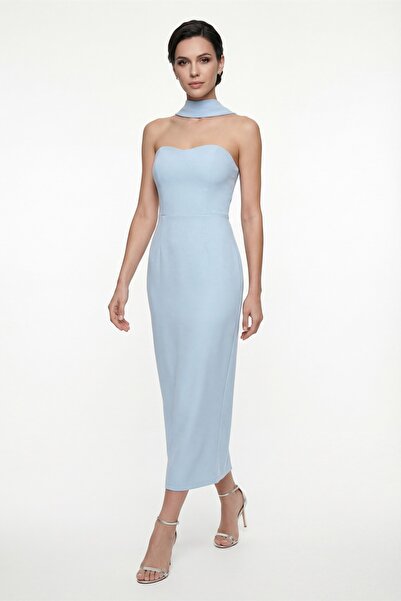 Lafaba Γυναικείο Μπλε Σάλι Φόρεμα με Γιακά Μίντι για Αρραβώνα και Γάμο