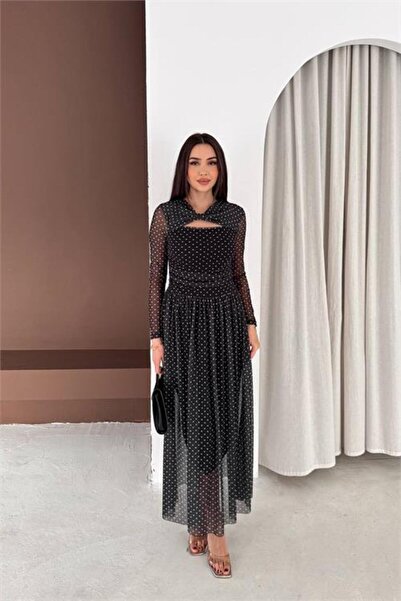 Neşeli Butik Women's Black Polka Dot Collar Detailed Lined Full Length Chiffo...