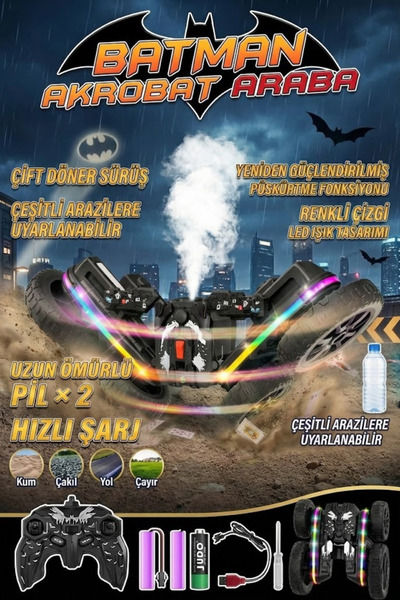 craftivio Uzaktan Kumandalı Işıklı Akrobat Araba 360 Derece Takla Atan Duman ...