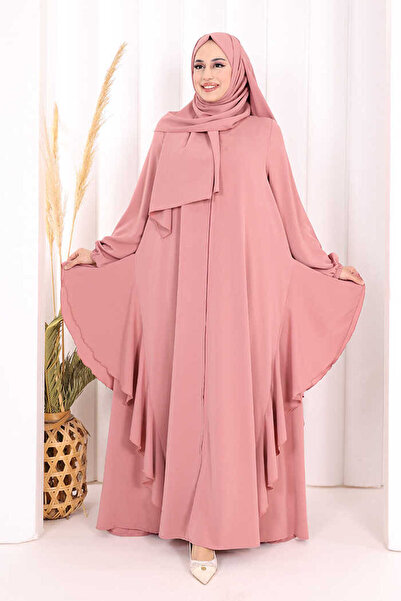 Bym Fashion Umre Yan Fırfır Detaylı Ferace ŞAL HEDİYE 7057 Pudra