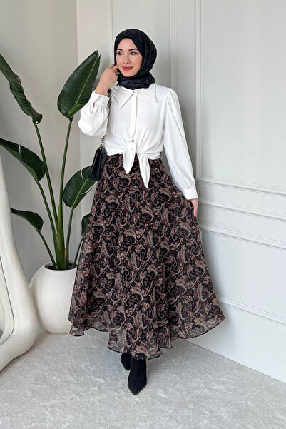 Tesettür Diyarı Noram Ethnic Pattern Lined Chiffon Hijab Skirt - Black