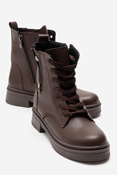 CCWAY AYAKKABI Women's Plain Ornamental Zippered Boots Brown Leather