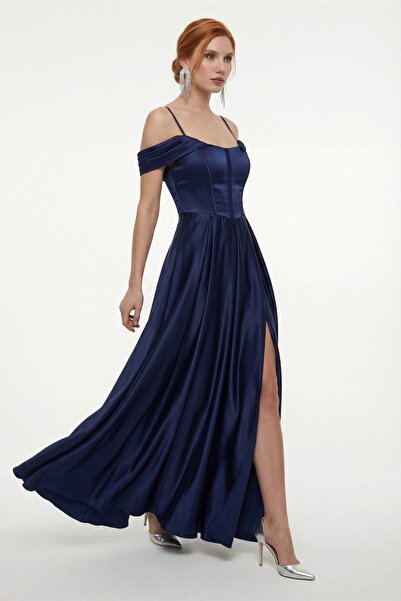 Lafaba Women's Navy Blue Slim Fit Corset Detailed Slit Long Satin Evening Dress