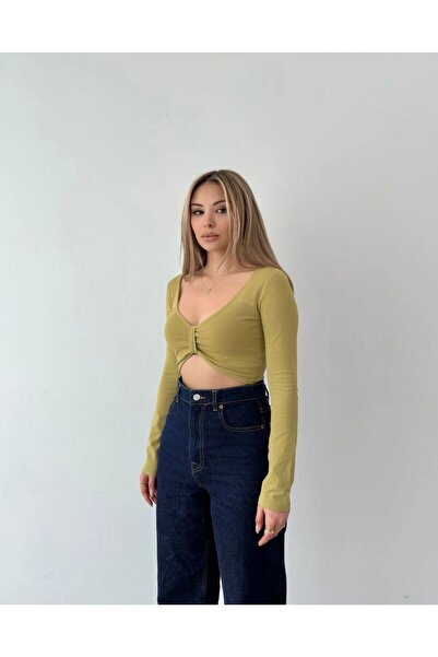 Vinales Εφαρμοστή μπλούζα με μακριά μανίκια και λαιμόκοψη V - Πράσινο λαδί