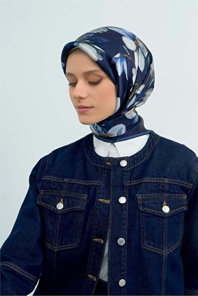 Armine Tivil Pure Silk Scarf 9524 - 06 Navy Blue Gray Floral Pattern