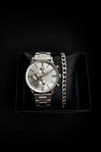 MEKKANMODA Erkek Gümüş Renk Çelik Saat & Zincir Bileklik Seti