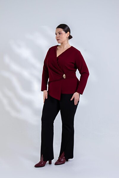 Roxxlen Γυναικεία μπλούζα μεγάλου μεγέθους με λεπτομέρεια αγκράφας, διπλό στή...