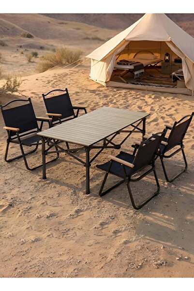 Taimi 5-Piece Camping Set:Folding Beige Table (120x55x62cm) + 4 Folding Metal...