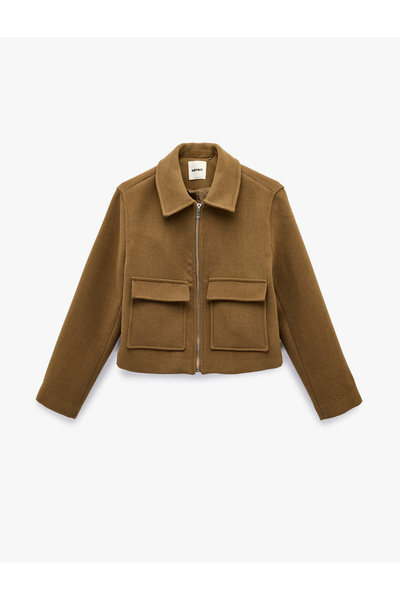 Koton Crop Cashmere Jacket with Zipper Pocket