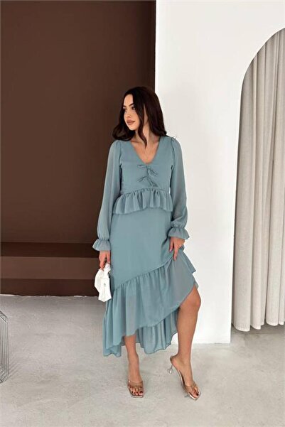 Neşeli Butik Women's Mint Green Bow Detailed V-Neck Flared Midi Chiffon Dress