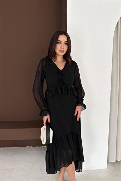 Neşeli Butik Women's Black Bow Detailed V-Neck Flared Midi Chiffon Dress