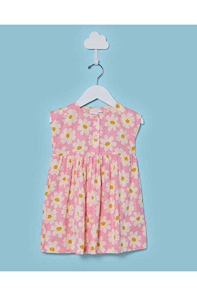 REDTAG فستان وردي اللون مزين بنقشة زهور كاملة، بأزرار أمامية، مناسب للفتيات ا...