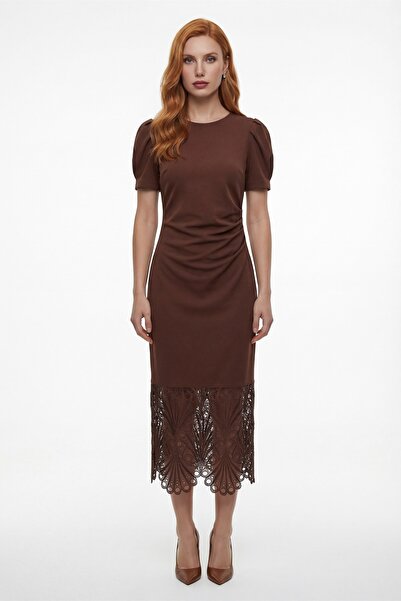 Lafaba Women's Brown Lace Detail Midi Dress