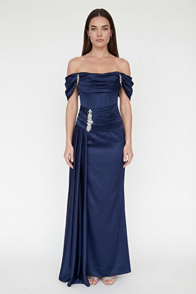 Lafaba Women's Navy Blue Slim Fit Boat Neck Stoned Long Evening Dress