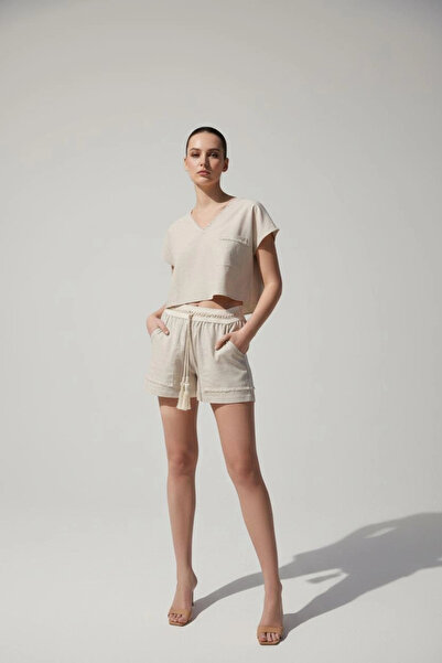 Su Koleksiyon Lavanda Linen Mixed Blazer & Shorts Set