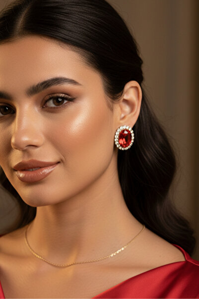 Happyline Red Stone Oval Earrings Choker Chain Gold Plated Henna Earrings Eve...