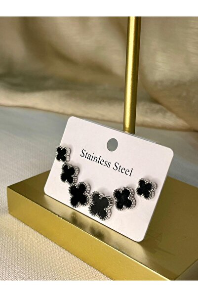 D&Z ACCESSORİES 3'lü Yonca Küpe Seti | Siyah Mineli Gümüş Renk Yonca Şans Küp...