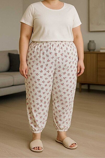 Tusebu Γυναικεία πιτζάμα με φλοράλ σχέδια, λευκό φόντο, ελαστική μέση, άνετη ...