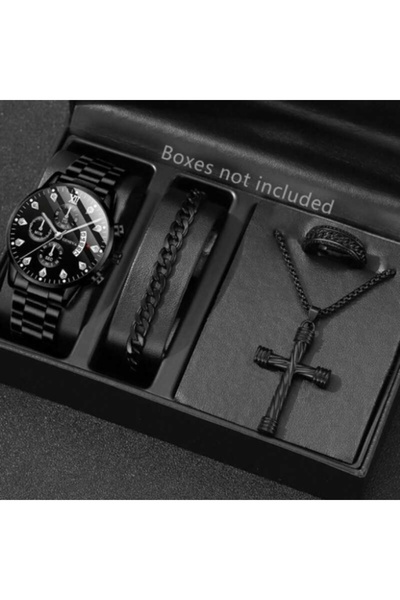 Geneva Men's gift set, black watch, bracelet, necklace and ring