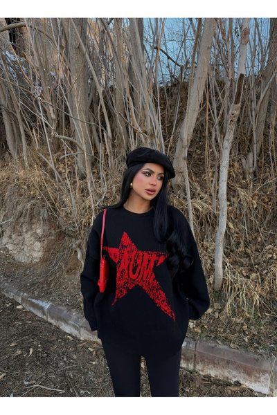 kırmızı butiks Siyah Mind Sırt Baskı Kazak