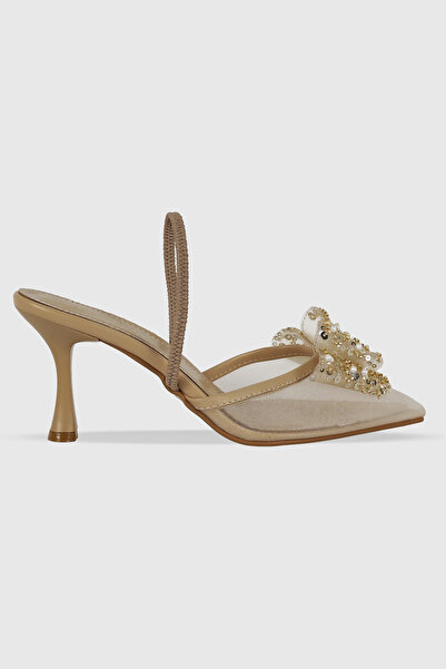 Modezya Regina Nude Şeffaf Taş Detay Lastikli Kadın Topuklu Ayakkabı