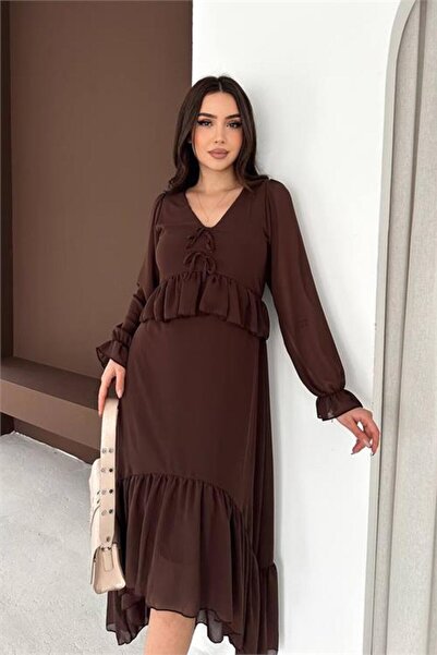 Neşeli Butik Women's Brown Bow Detailed V-Neck Flared Midi Chiffon Dress