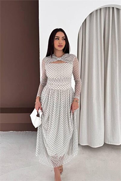 Neşeli Butik Women's White Polka Dot Collar Detailed Lined Full Length Chiffo...