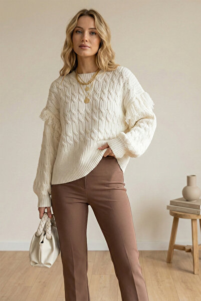 Kirazgym Women's Crew Neck Balloon Sleeve Tassel Cuff and Hem Elasticated Kni...