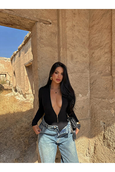 kırmızı butiks Fermuarlı Dik Yaka Bodysuit