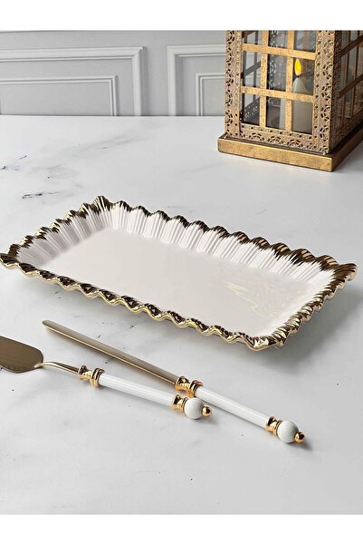 ROSSEV Rectangular Presentation Plate Sofia Stoneware with Gold Edge – 21 X 3...