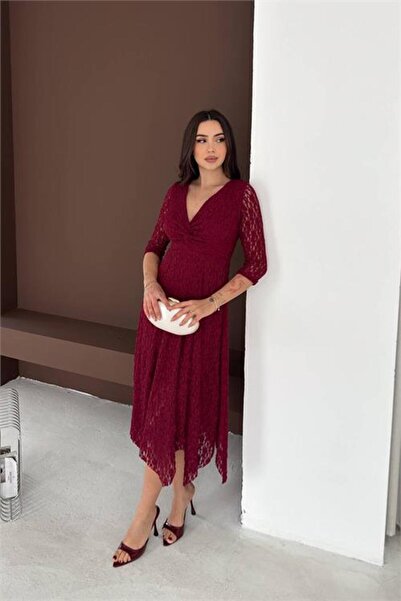 Neşeli Butik Women's Burgundy Double-Breasted Collared Midi Length Stretchy F...