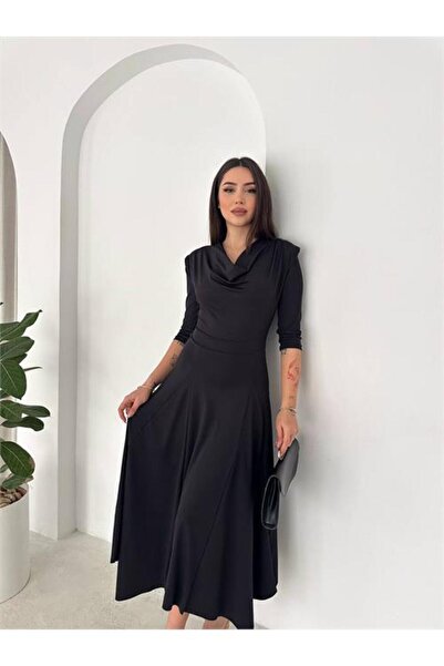 Neşeli Butik Women's Black A-Line Dress with a Draped Collar and Shoulder Pad...