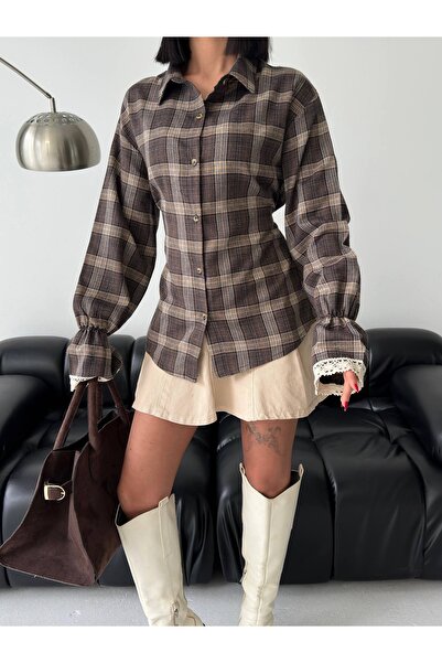 Ekim Store Lace Detail Waist-Fitted Plaid Shirt