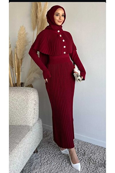 Meridosto Piliseli Düğme Detaylı Uzun Triko Elbise