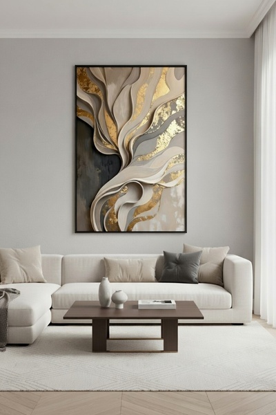 hollywest Soyut Akışkan Formlu Altın Varak Görünümlü Sanat Tablosu | Modern Ç...