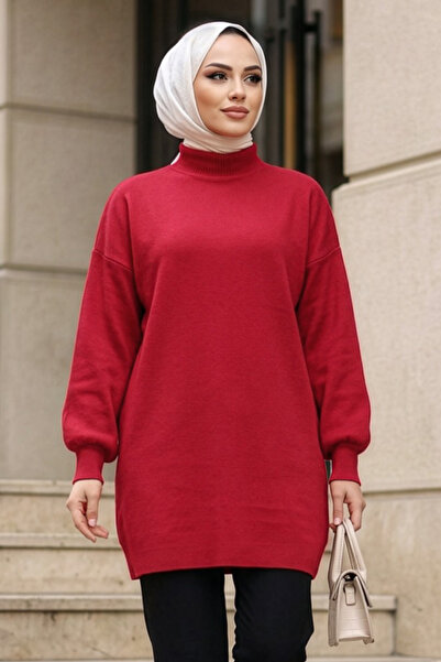 N.S NEVA STYLE High-Necked Red Hijab Knitwear Sweater 10381K