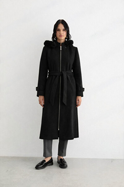 Doque ANA-57035 ÖNDEN FERMUARLI KAPİŞONU KÜRK DETAYLI KAŞE KABAN #12-25#