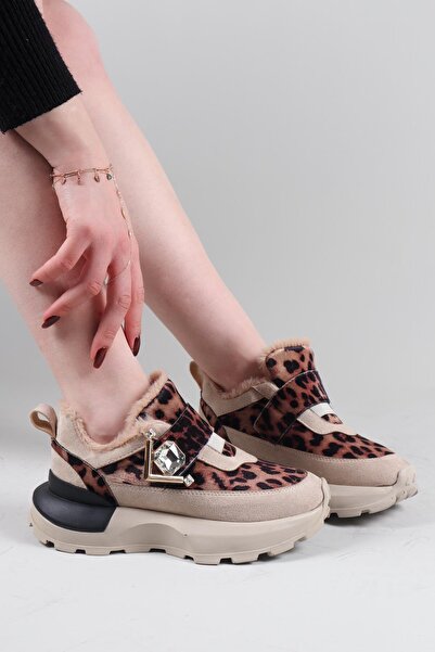 Birikon Elra Sneakers with Fur Inside and Leopard Pattern Beige