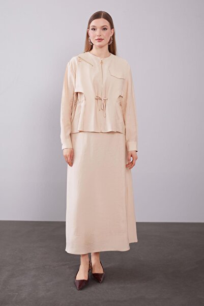 Levidor Beige shoulder zipper detailed skirt set