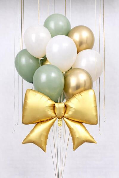 Patladı Gitti Gold Bow Foil Balloon Set – Mold Green & Gold Latex Balloons