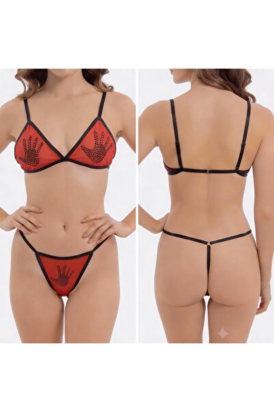 TWINTICKS Κόκκινο διαφανές σετ εσωρούχων με χειροποίητο μοτίβο, μπραλέτ και σ...